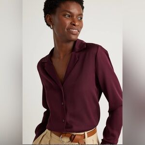 Quince Long-Sleeve Button-Down Silk Shirt in Wine Tasting Red